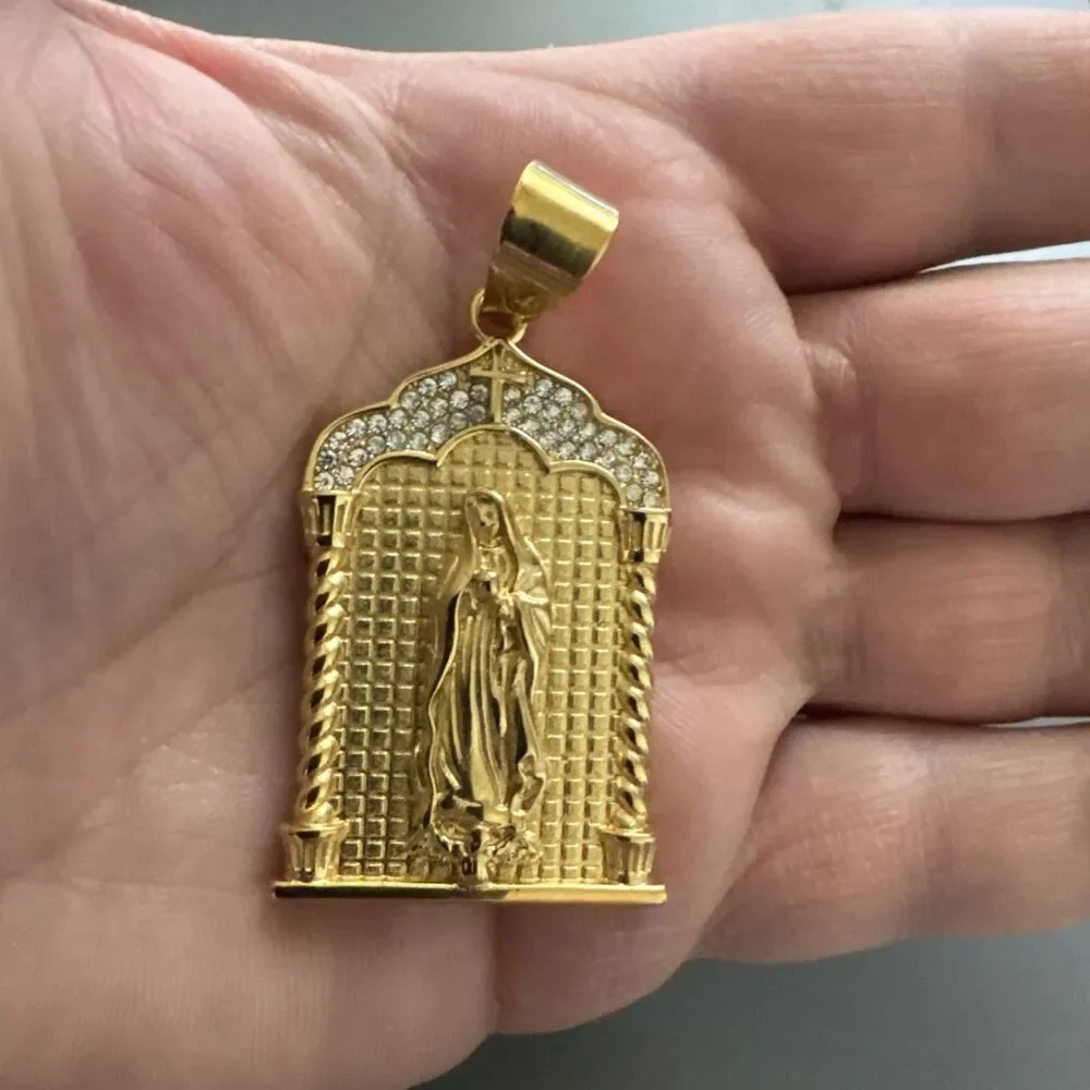 Gold Plated Virgin Mary Stainless Steel Pendant Jesus Christ Cubic Zirconia 24”